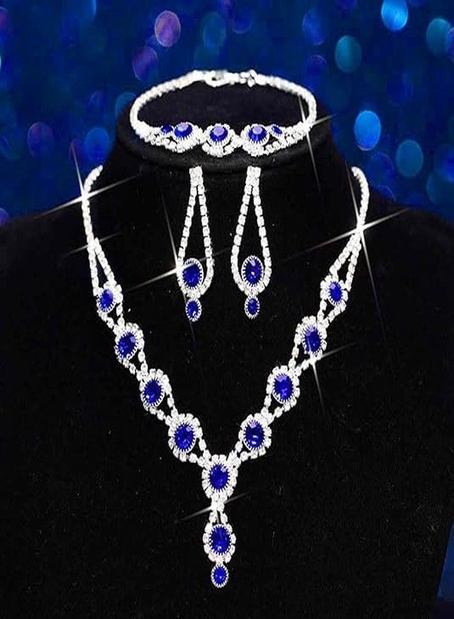 TWINKLEDE Royal Blue Rhinestone Necklace Jewelry Sets Sparkly Blue Necklaces Earrings and Bracelet for Women (Earrings & Necklace & Bracelet Set-Royal Blue) - Image 2